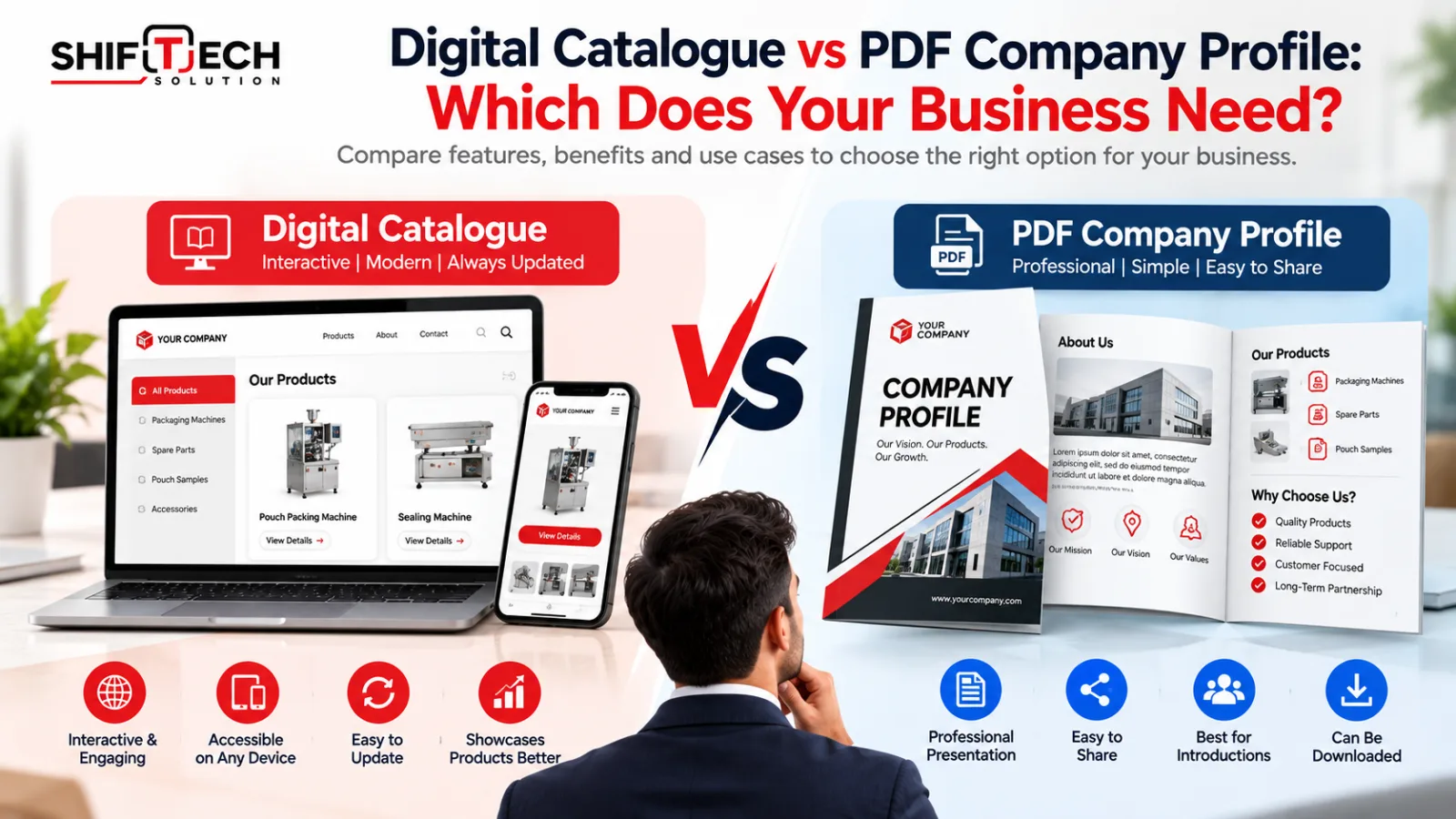 Digital catalogue on a tablet next to a printed PDF company profile for a manufacturing business