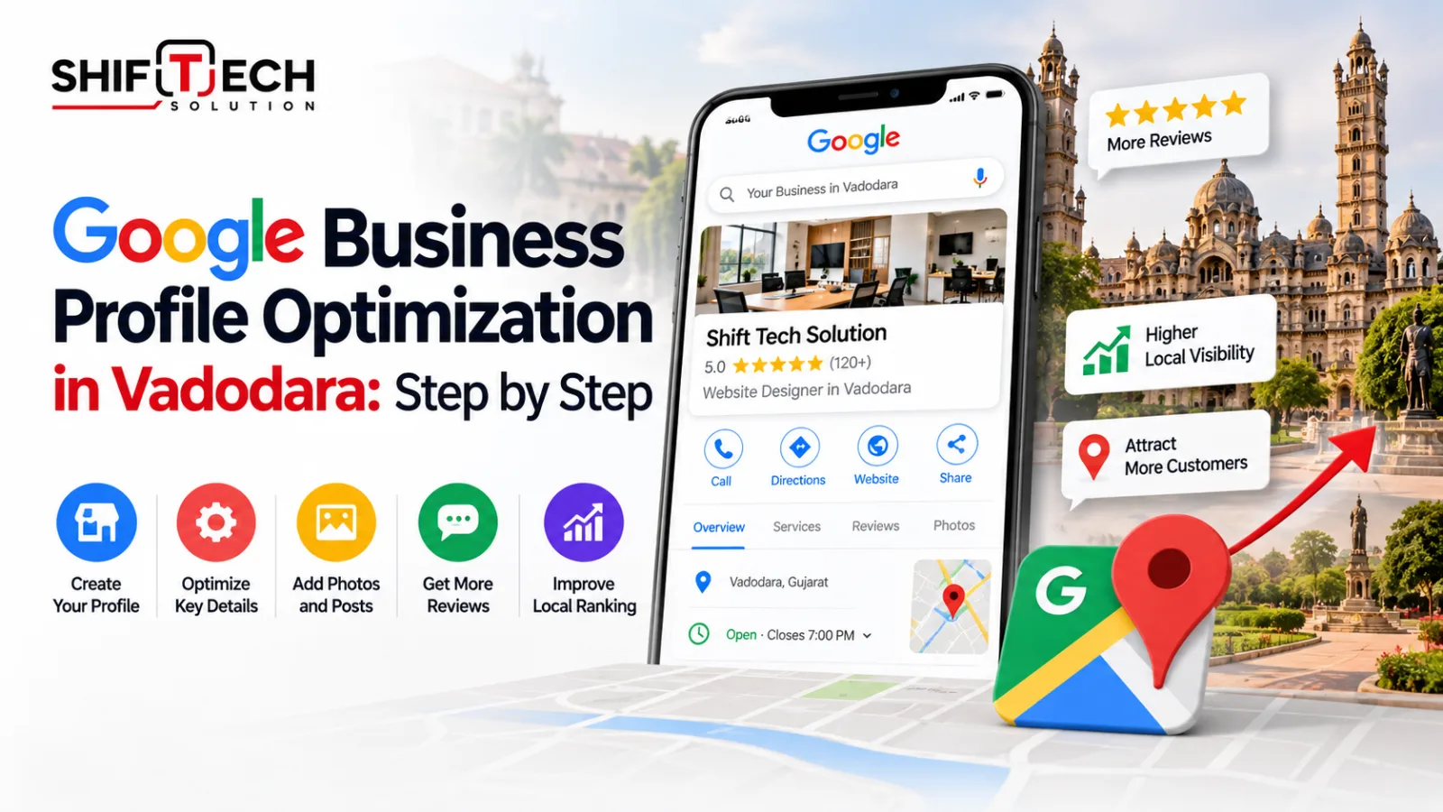 Google Maps business listing on a phone showing photos, reviews and opening hours for a Vadodara business